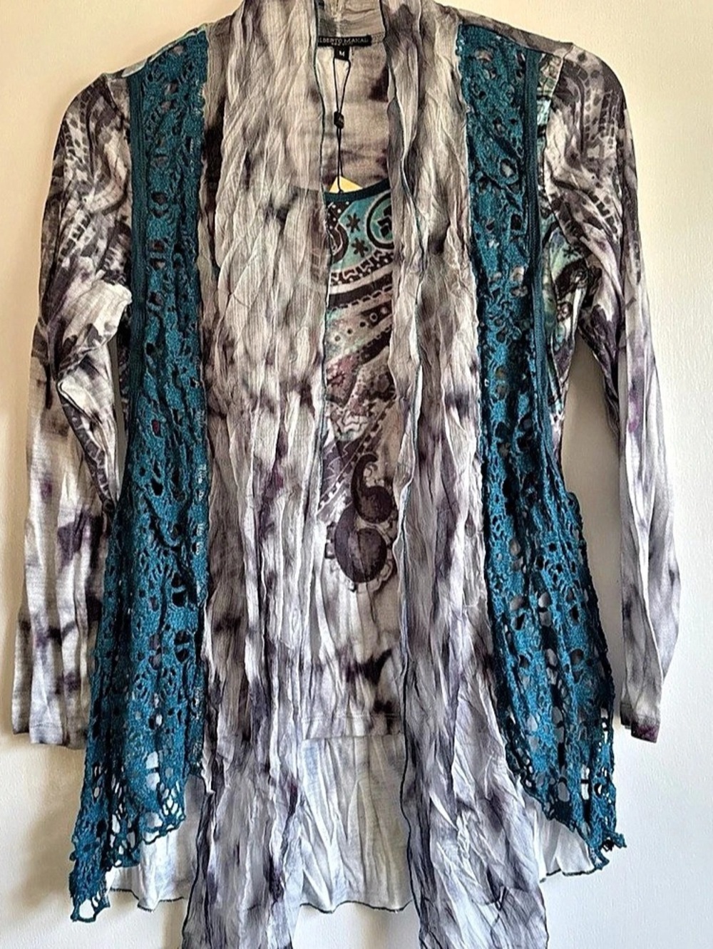 Alberto Makali Paisley Crochet Panel Tunic in Gray & Blue Size Medium NWT
